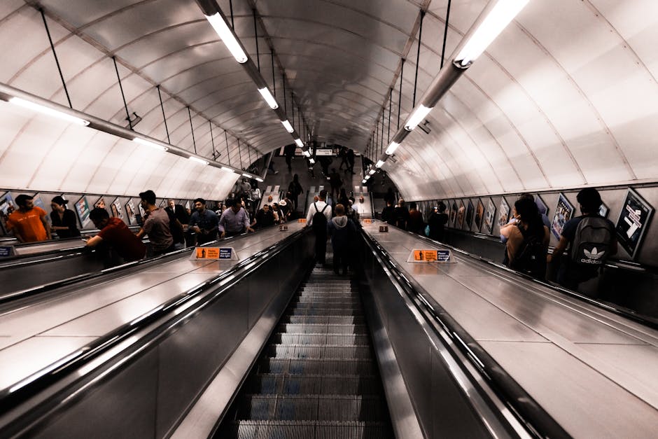 Inside an underground train station showing a downward escalator with passengers standing on it and walking up the stairs beyond. The station has a curved ceiling illuminated by long, white fluorescent lights, and the platform is busy with people waiting and moving. Although the image primarily depicts the station environment, it reflects the logistics aspect of home relocation and moving arrangements, similar to the transportation involved in house removals by companies like Man with Van Kidbrooke. The scene is well-lit, with individuals dressed in casual clothing, and includes advertisements along the walls, emphasizing the urban setting aligned with professional removals and moving services.
